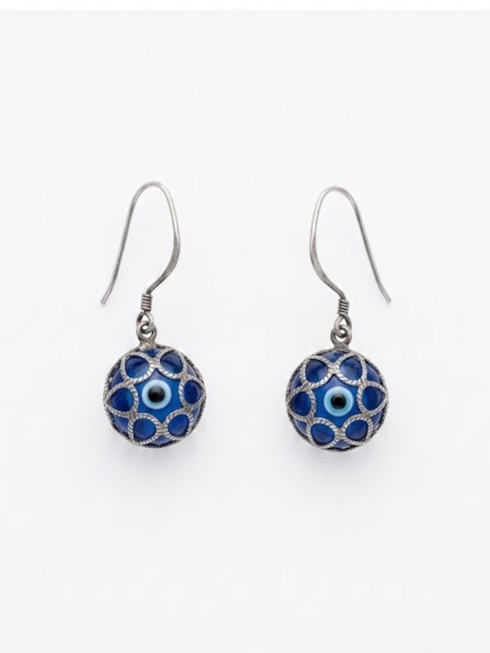 Boho Blue Glass Evil Eye Caged Bead Earrings ✦ Protection Amulet Nazar Dangles